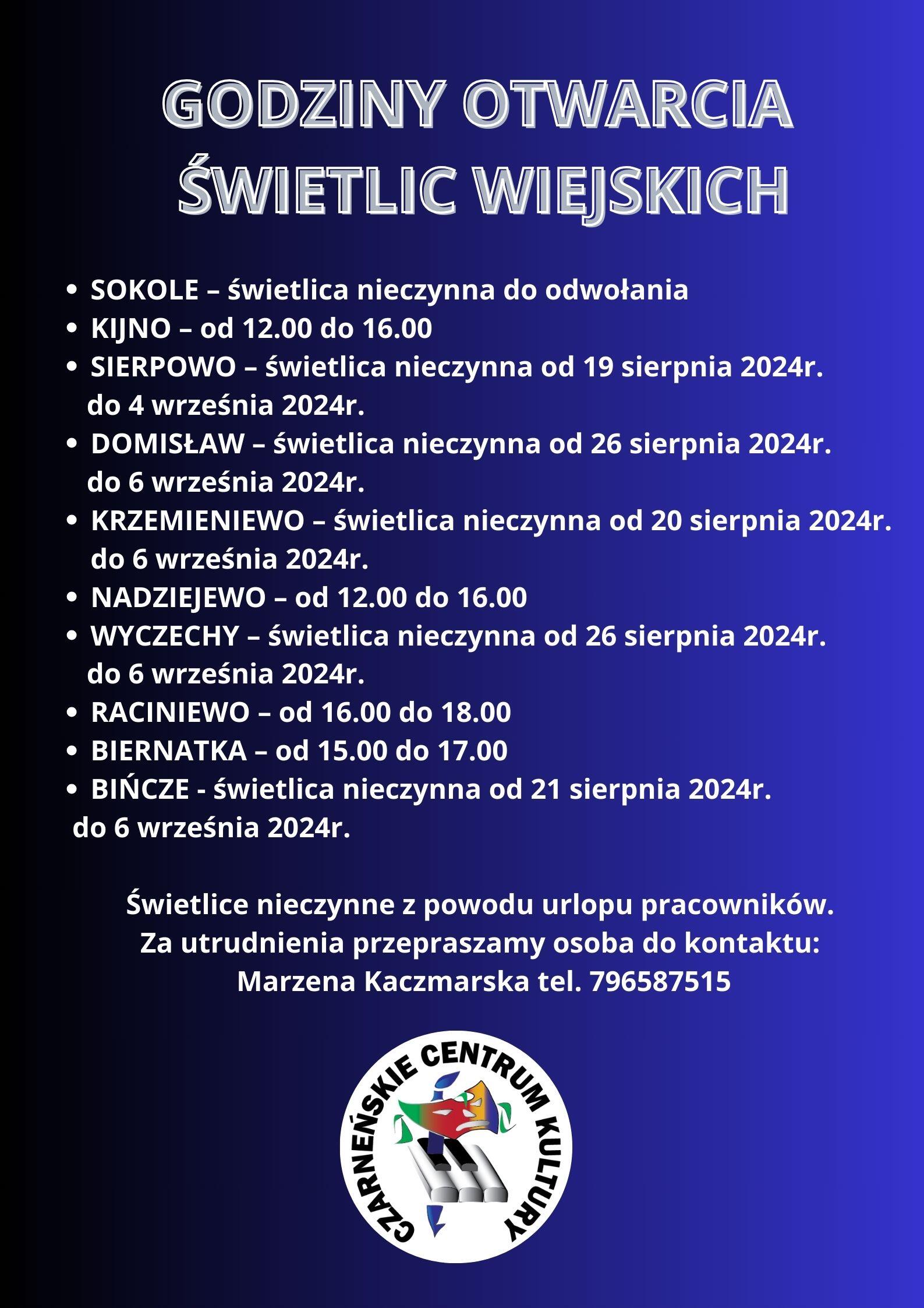 GODZINY OTWARCIA ŚWIETLIC WIEJSKICH